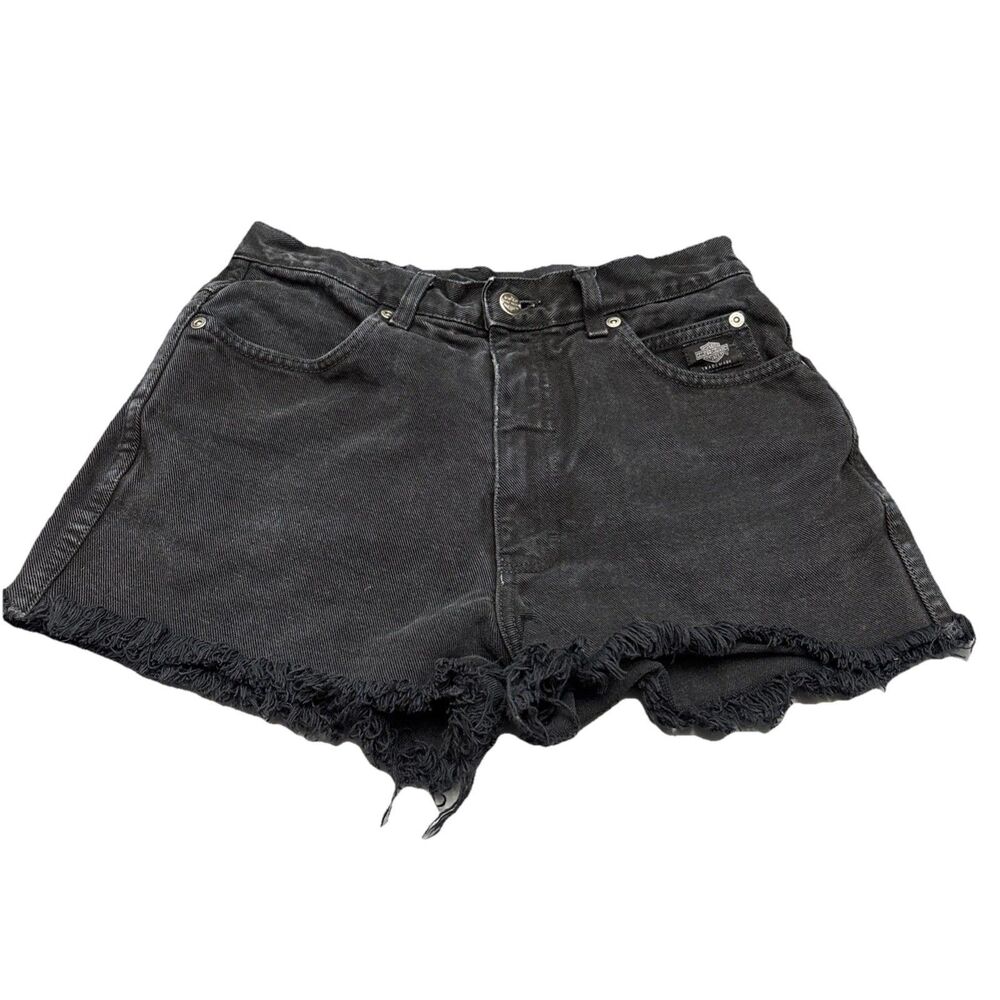 Harley Davidson Denim Jean Cutoff Shorts Sz Small Black Raw Hem Biker Hot Pants